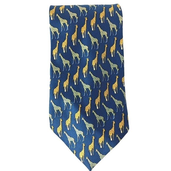 Parquet Giraffe Zoo Animal Print Blue Gold Novelty Necktie - Picture 4 of 8